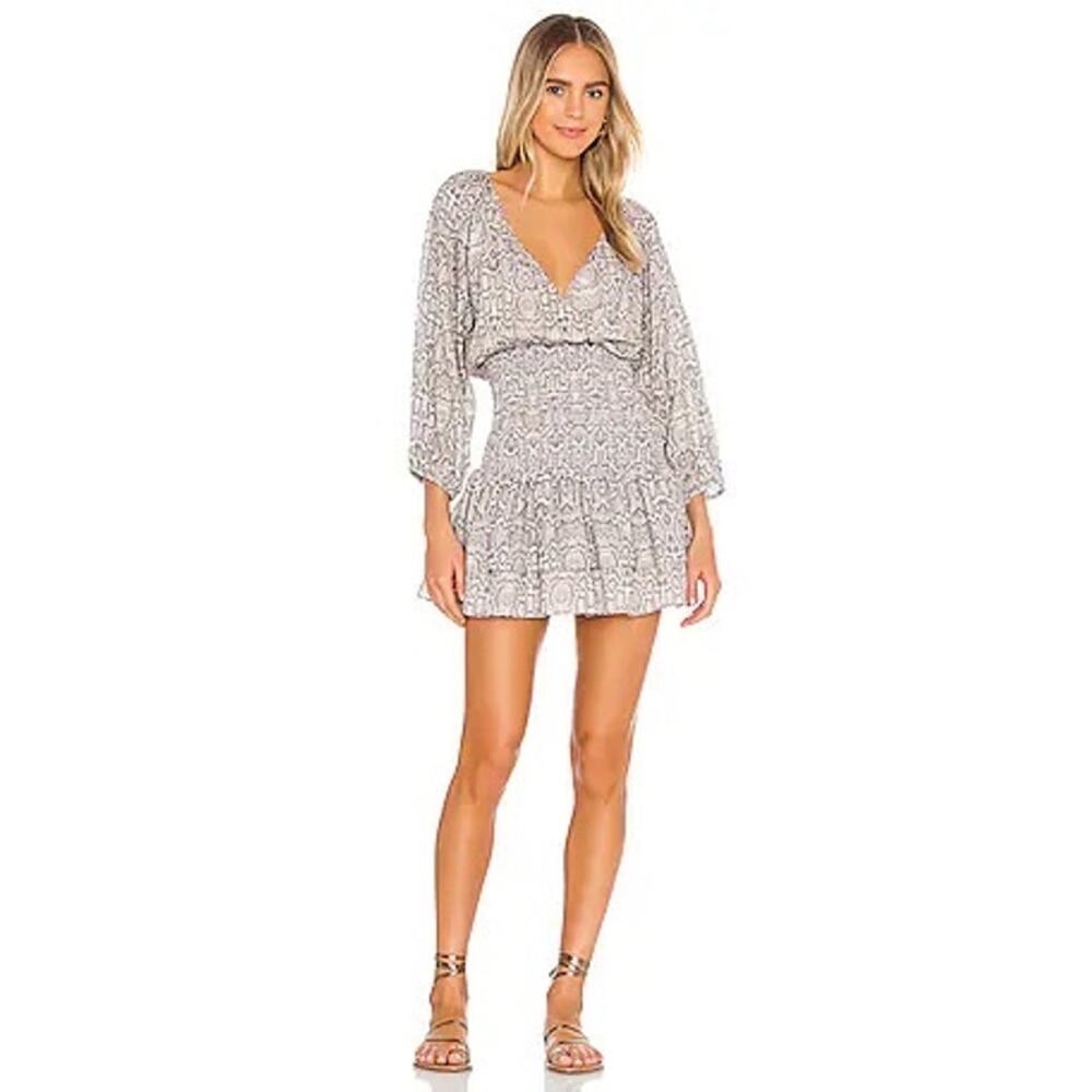 SUBOO Sylvie Smocked Mini Dress Boho Snake Print Long Sleeve Gray Size Medium